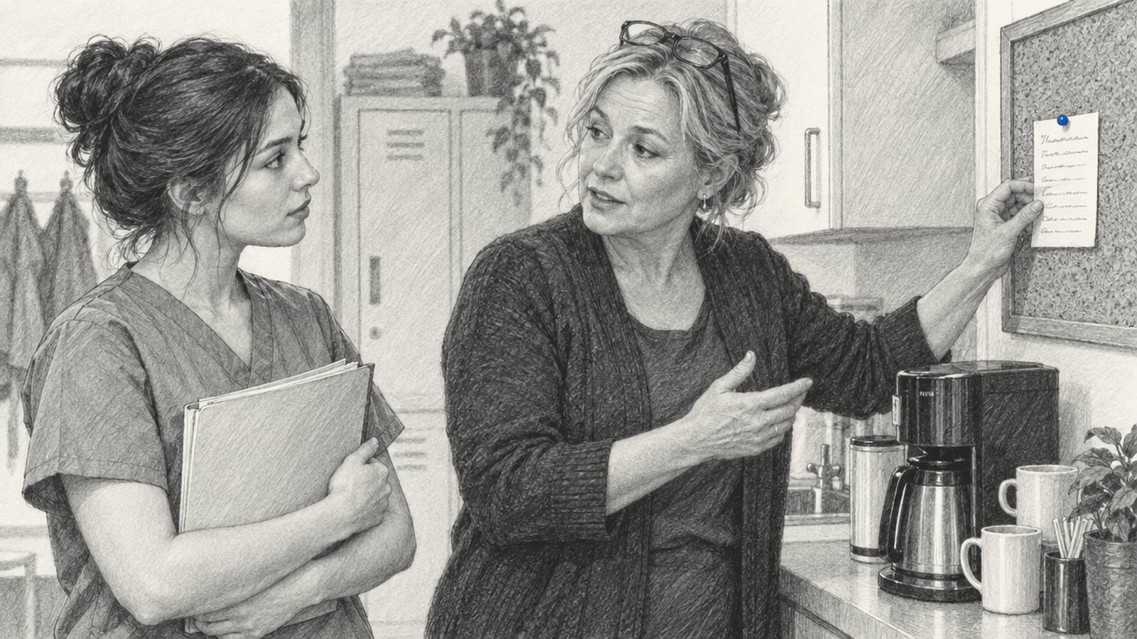 Graphite pencil drawing: in a dental practice staff room, the office manager pins a short handwritten rules card to the corkboard by the coffee machine while a hygienist holding a patient folder stops to listen.