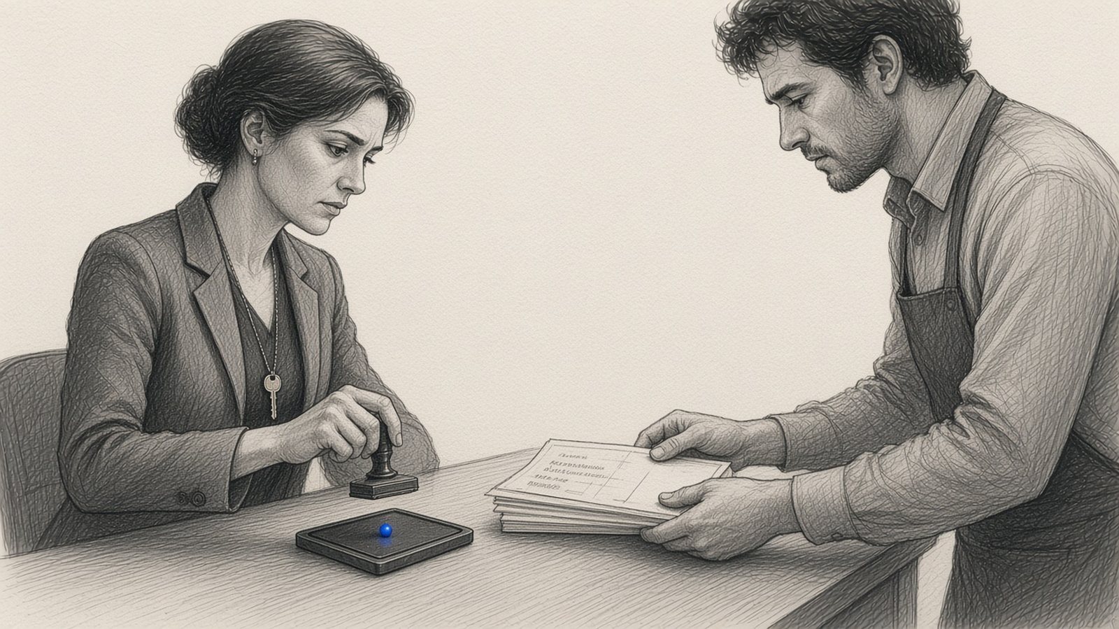 Graphite pencil drawing: a business owner with a key on a cord around her neck holds an approval stamp over a stack of vendor bills that her bookkeeper has prepared and slid across the desk.