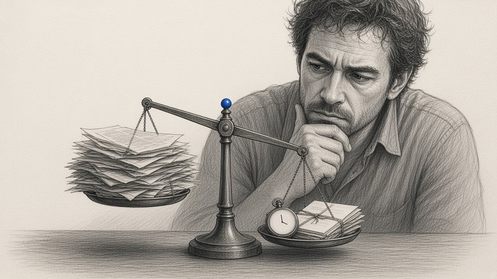 Graphite pencil drawing: a skeptical shop owner studies a balance scale where a tall pile of loose printed sheets rides high and a pocket watch with one finished job folder sits low.