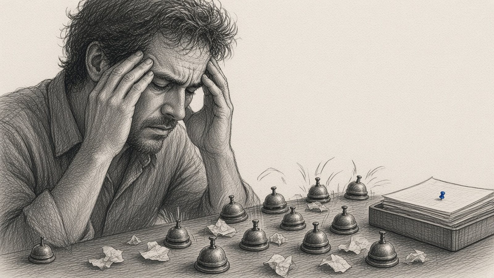 Graphite pencil drawing: an exhausted founder presses his temples, surrounded by a desk full of ringing service bells, while a single tidy in-tray of papers waits at the edge of the desk.