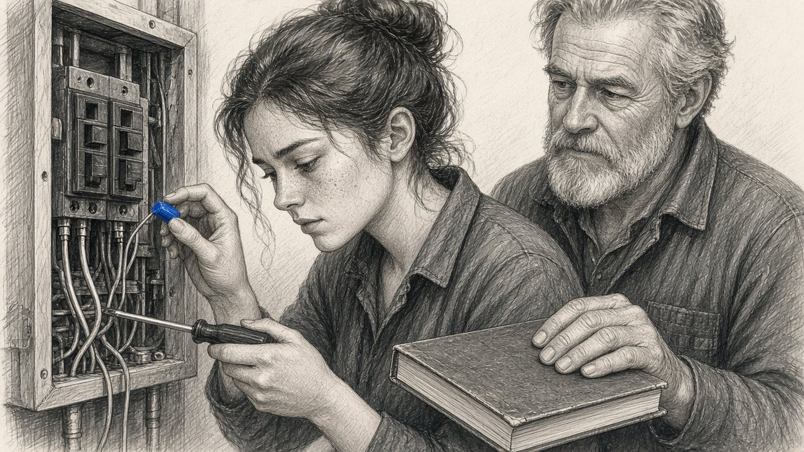Graphite pencil drawing: an apprentice electrician traces a wire in a panel with intense concentration while the master electrician beside her keeps a hand on a closed manual, letting her work it out.