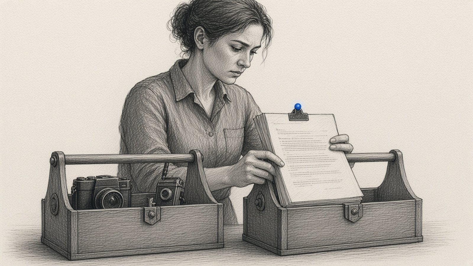 Graphite pencil drawing: a business owner tests two identical unmarked toolboxes with her own work, a camera and recorder in one and a thick bound contract held up to the other.