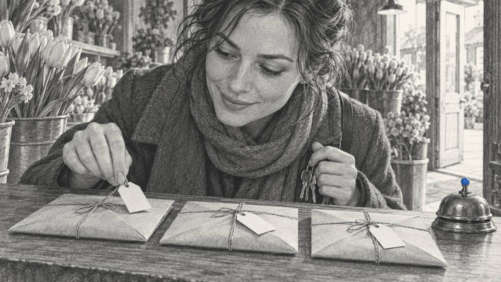Graphite pencil drawing: a florist arriving at dawn leans over her counter, lifting the tag on one of three sealed envelopes prepared overnight, a small brass bell beside them not yet rung.