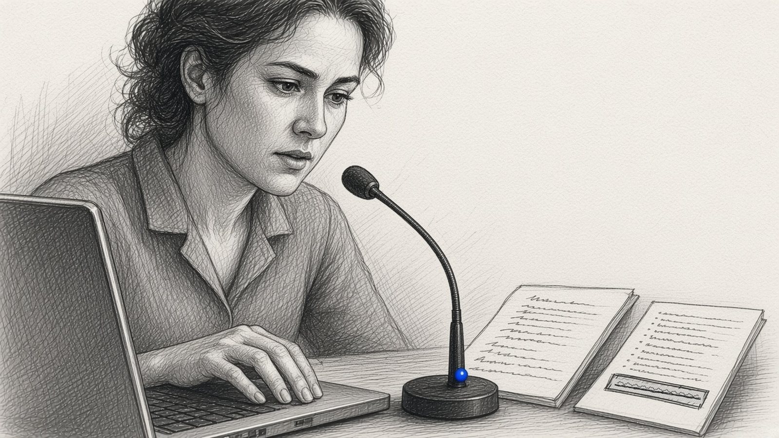Graphite pencil drawing: a bookkeeper narrates into a desk microphone while working through a task on her laptop, beside handwritten step notes and a card whose last line is boxed and struck out as a never-do rule.