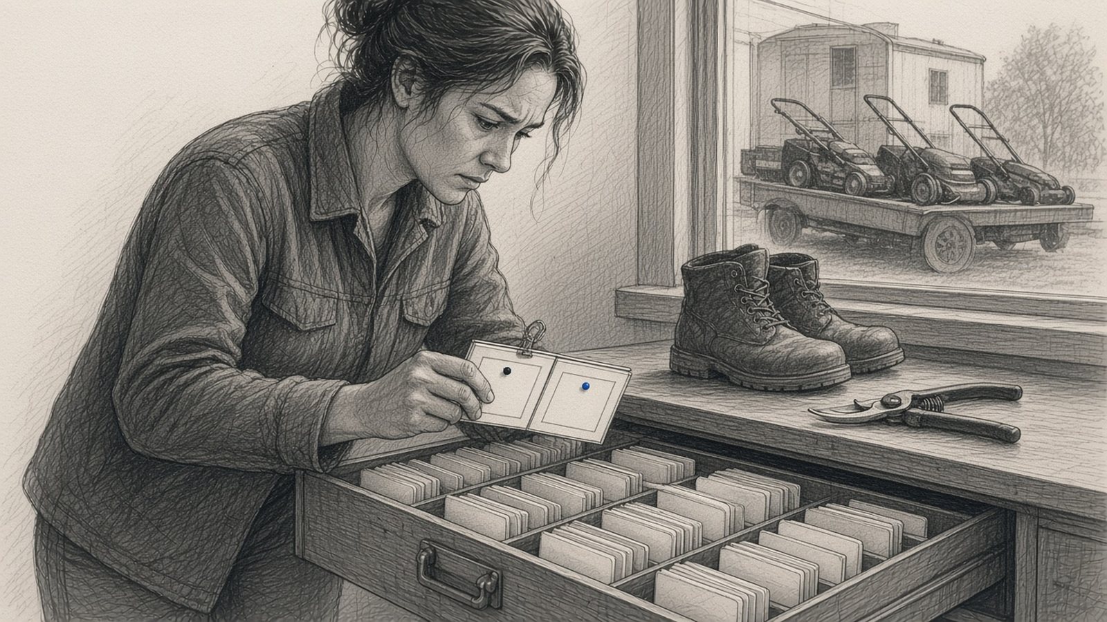 Graphite pencil drawing: in a landscaping company office, a crew lead pulls a pair of duplicate customer cards out of an open card-file drawer, with work boots, pruning shears and a trailer of mowers by the window.