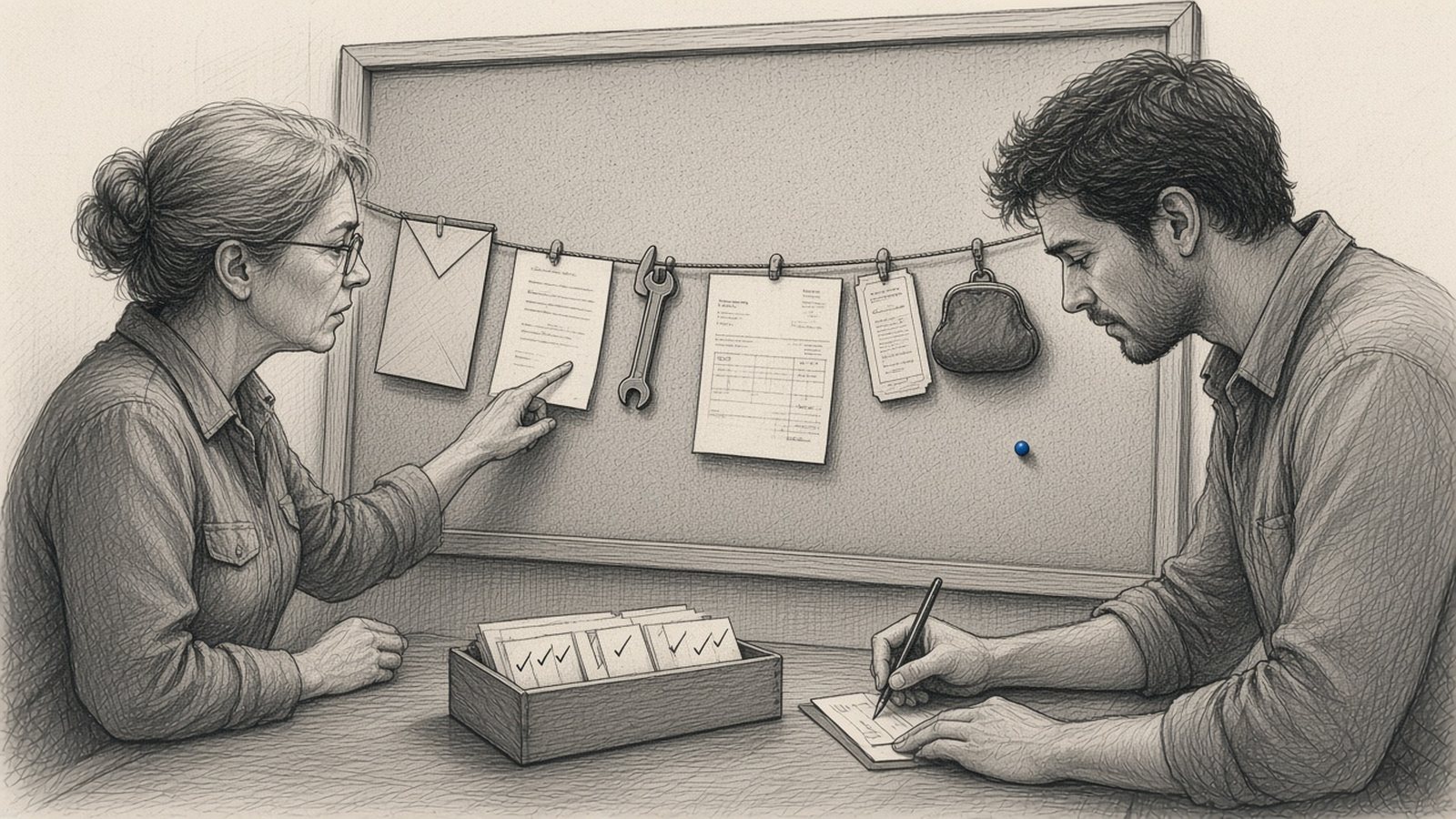Graphite pencil drawing: an experienced expert points along one job traced across a corkboard from envelope to quote, wrench, invoice and coin purse, while a younger builder writes her reasoning on an index card beside a box of checked test cards.