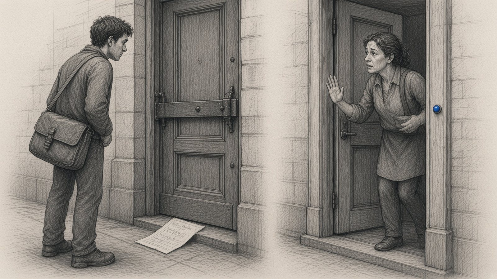 Graphite pencil drawing: a courier with a satchel stands before a bolted bank door with a notice slip pushed out underneath, while next door a shop owner leans out of her open doorway, hand raised to have him check in first.